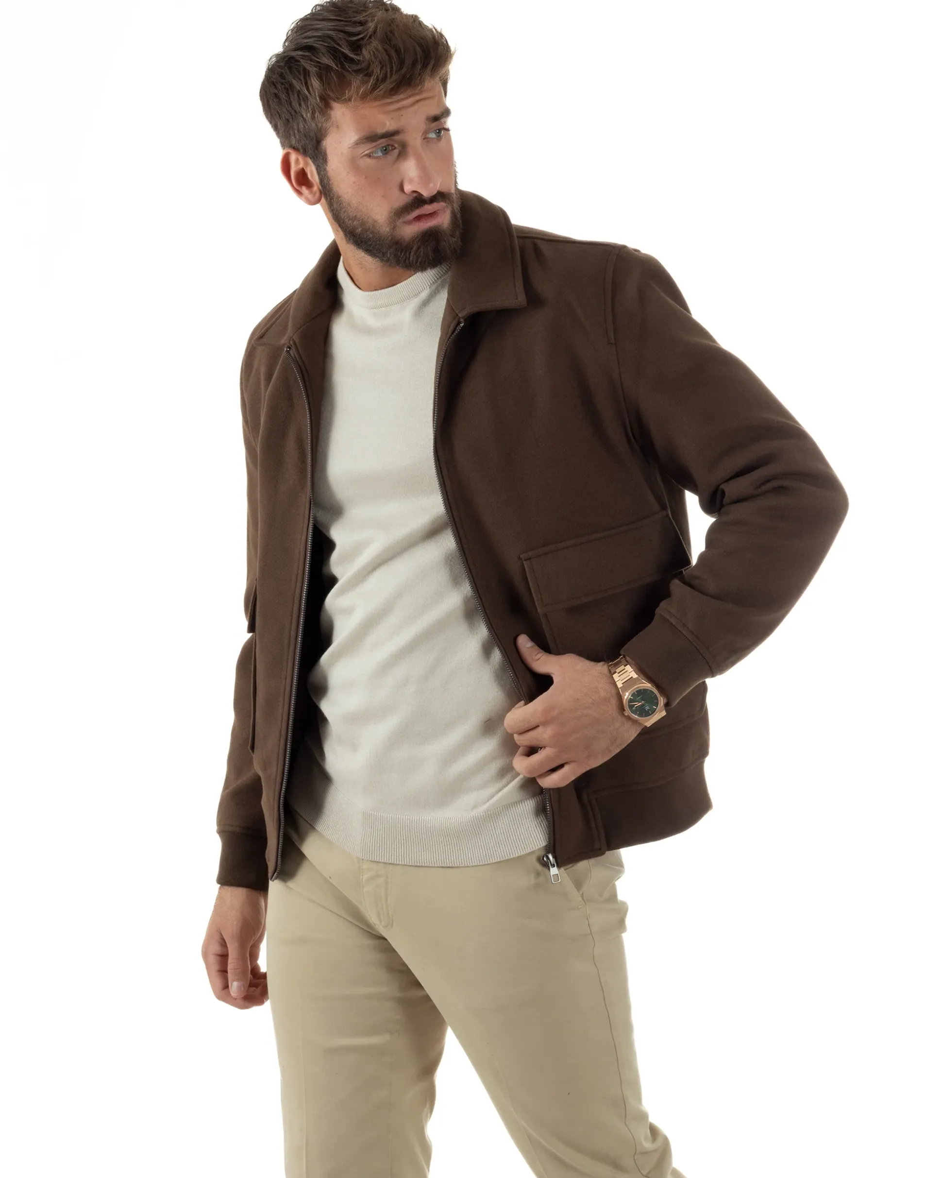 Giubbotto Uomo Zip Colletto Bomber Panno Marrone G3380A