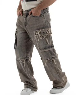 Jeans cargo uomo barrel fit stone-washed baggy tasconi zip nero sabbiato GIOSAL-JS1188A