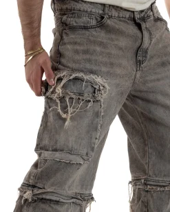 Jeans cargo uomo barrel fit stone-washed baggy tasconi zip nero sabbiato GIOSAL-JS1188A