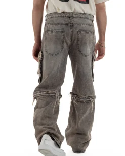 Jeans cargo uomo barrel fit stone-washed baggy tasconi zip nero sabbiato GIOSAL-JS1188A