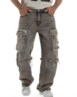 Jeans cargo uomo barrel fit stone-washed baggy tasconi zip nero sabbiato GIOSAL-JS1188A