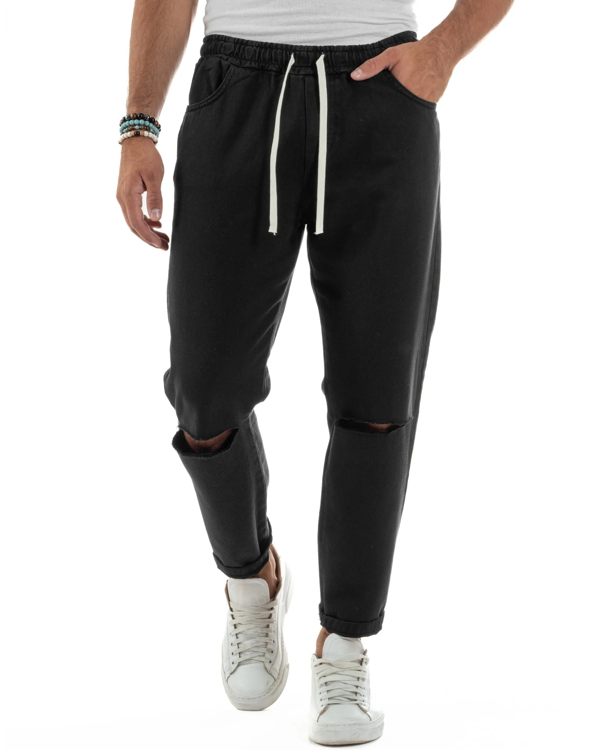Jeans Jogger Cotone Loose Fit Basic Taglio Ginocchio Nero JS1129A