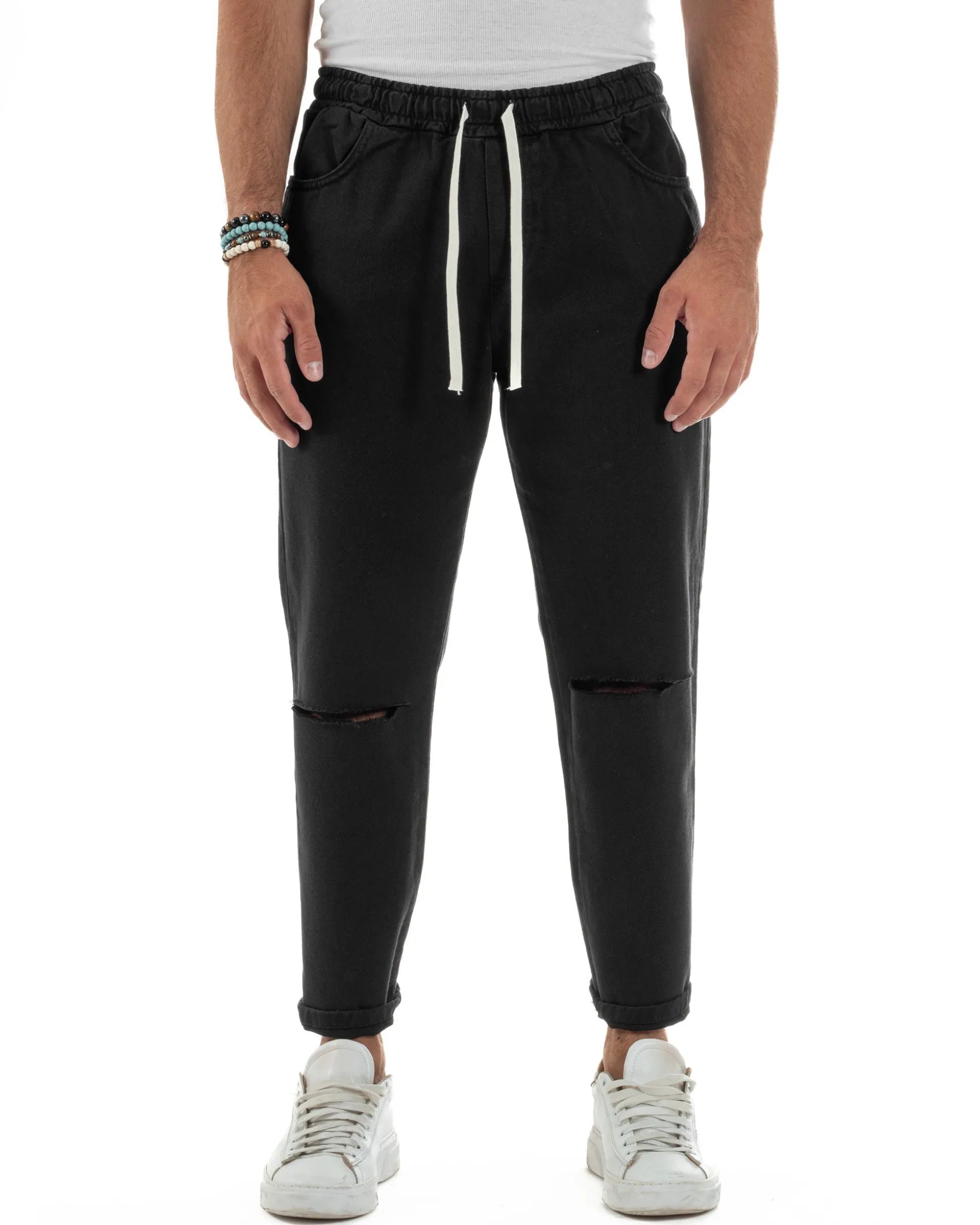 Jeans Jogger Cotone Loose Fit Basic Taglio Ginocchio Nero JS1129A
