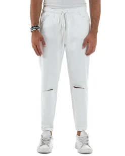 Jeans Jogger Cotone Loose Fit Basic Taglio Ginocchio Bianco JS1131A