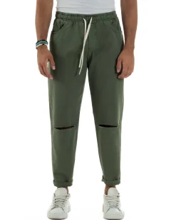 Jeans Jogger Cotone Loose Fit Basic Taglio Ginocchio Verde JS1130A