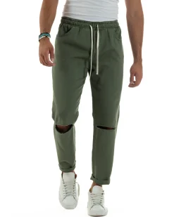 Jeans Jogger Cotone Loose Fit Basic Taglio Ginocchio Verde JS1130A