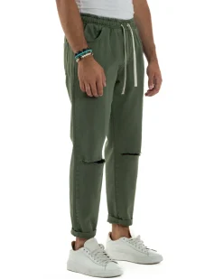 Jeans Jogger Cotone Loose Fit Basic Taglio Ginocchio Verde JS1130A