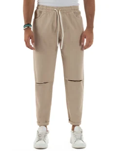 Jeans Jogger Cotone Loose Fit Basic Taglio Ginocchio Beige JS1128A