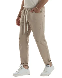 Jeans Jogger Cotone Loose Fit Rotture Beige JS1103A