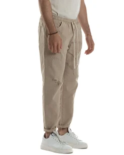 Jeans Jogger Cotone Loose Fit Rotture Beige JS1103A