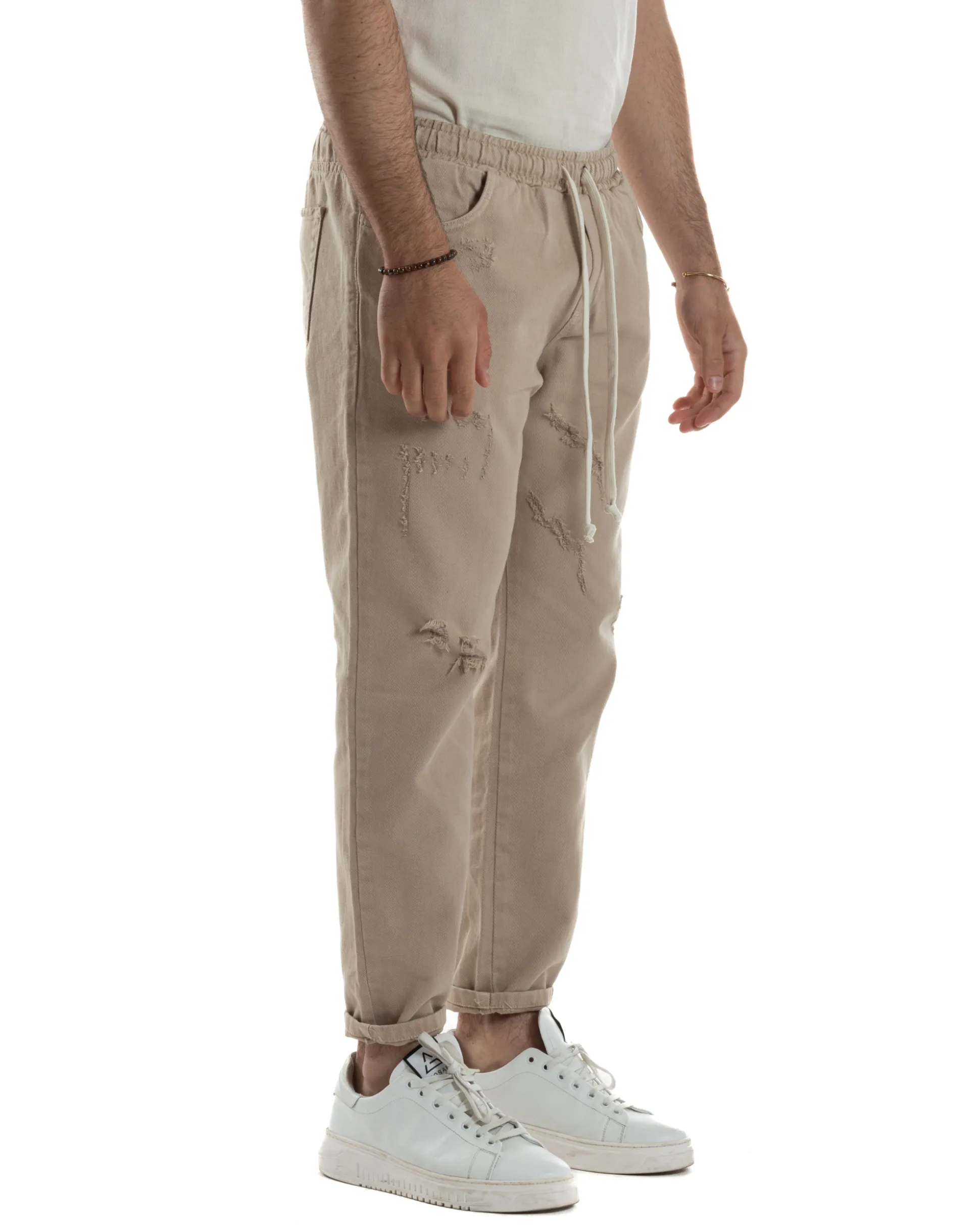 Jeans Jogger Cotone Loose Fit Rotture Beige JS1103A