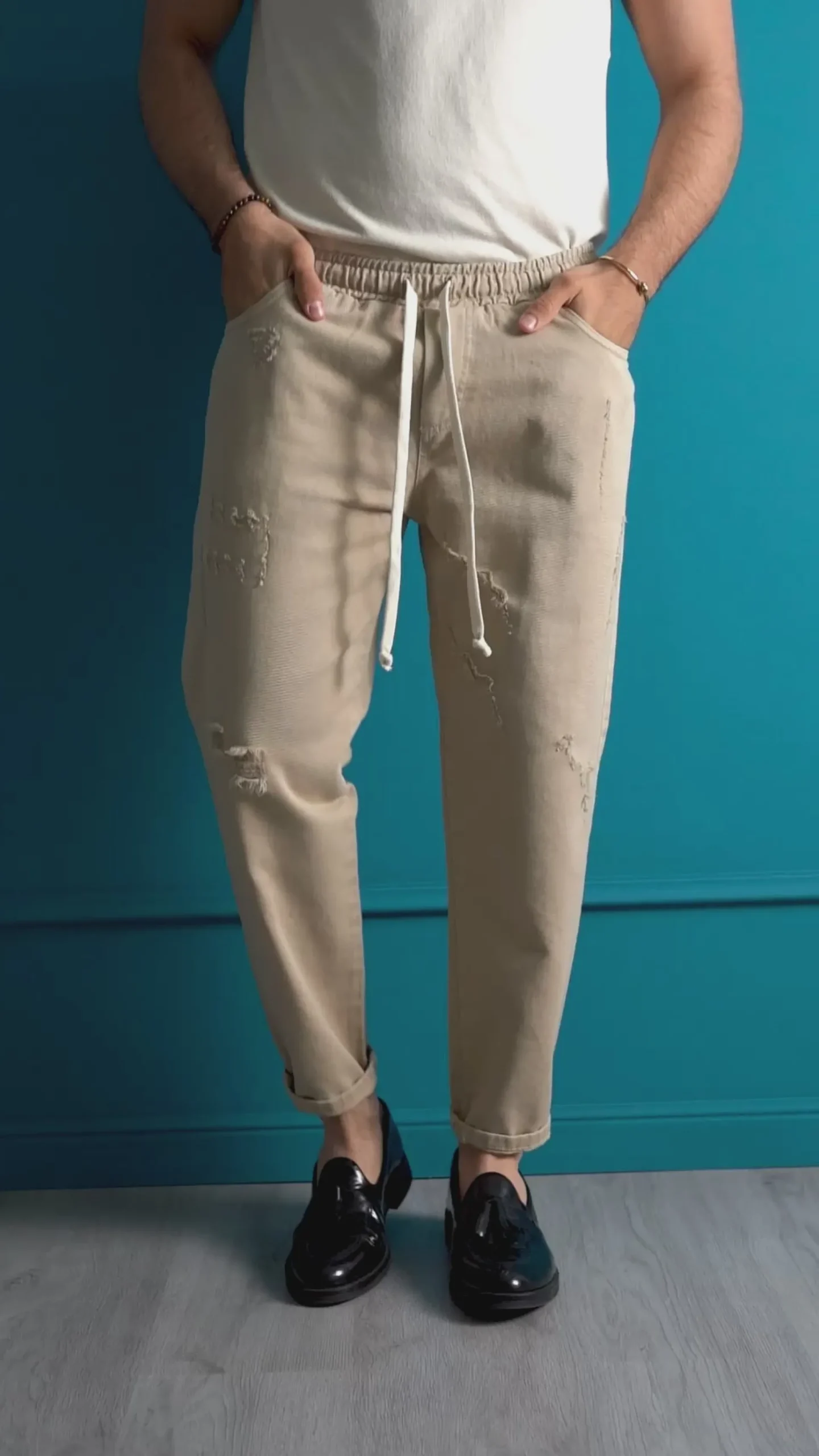 Jeans Jogger Cotone Loose Fit Rotture Beige JS1103A