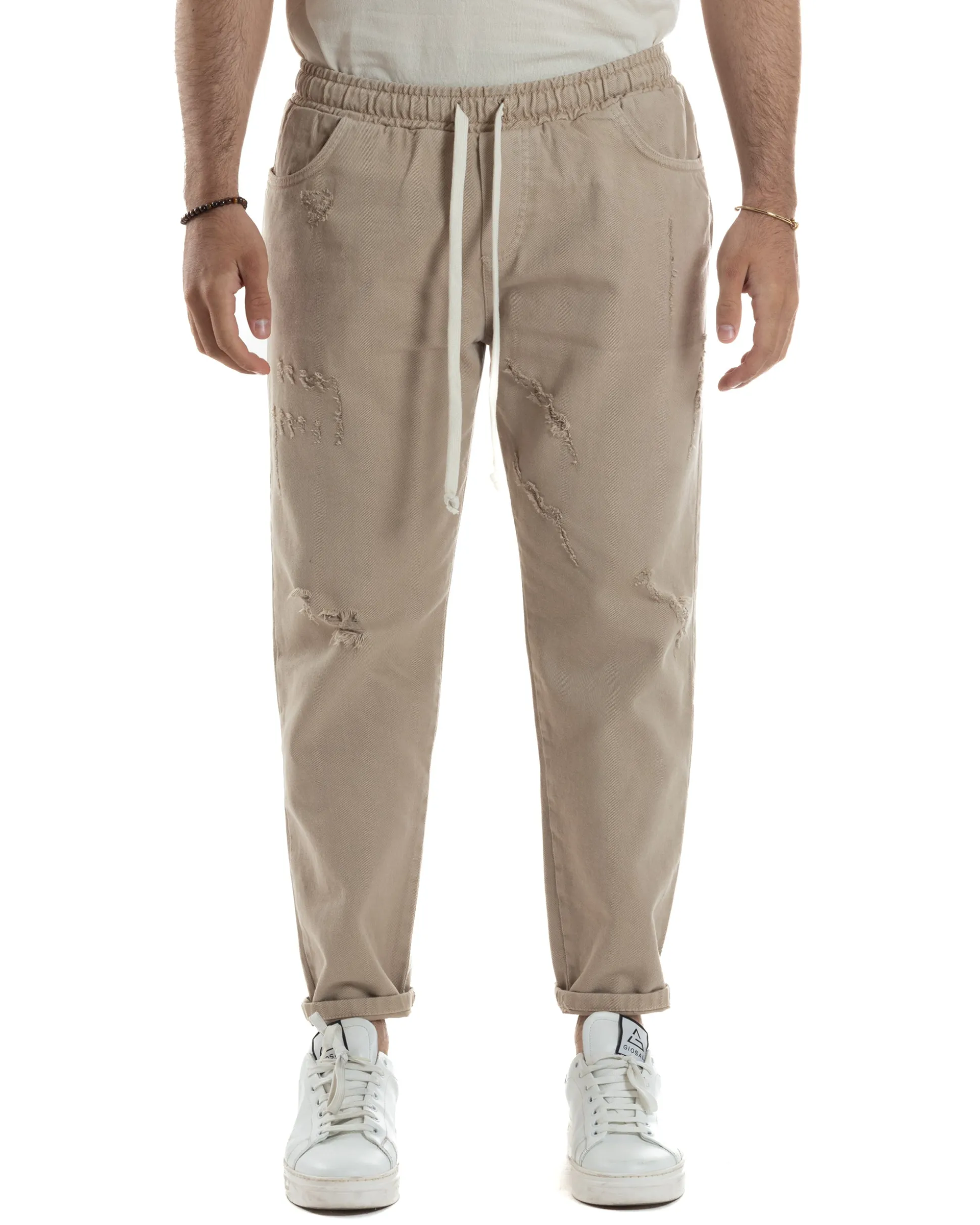 Jeans Jogger Cotone Loose Fit Rotture Beige JS1103A