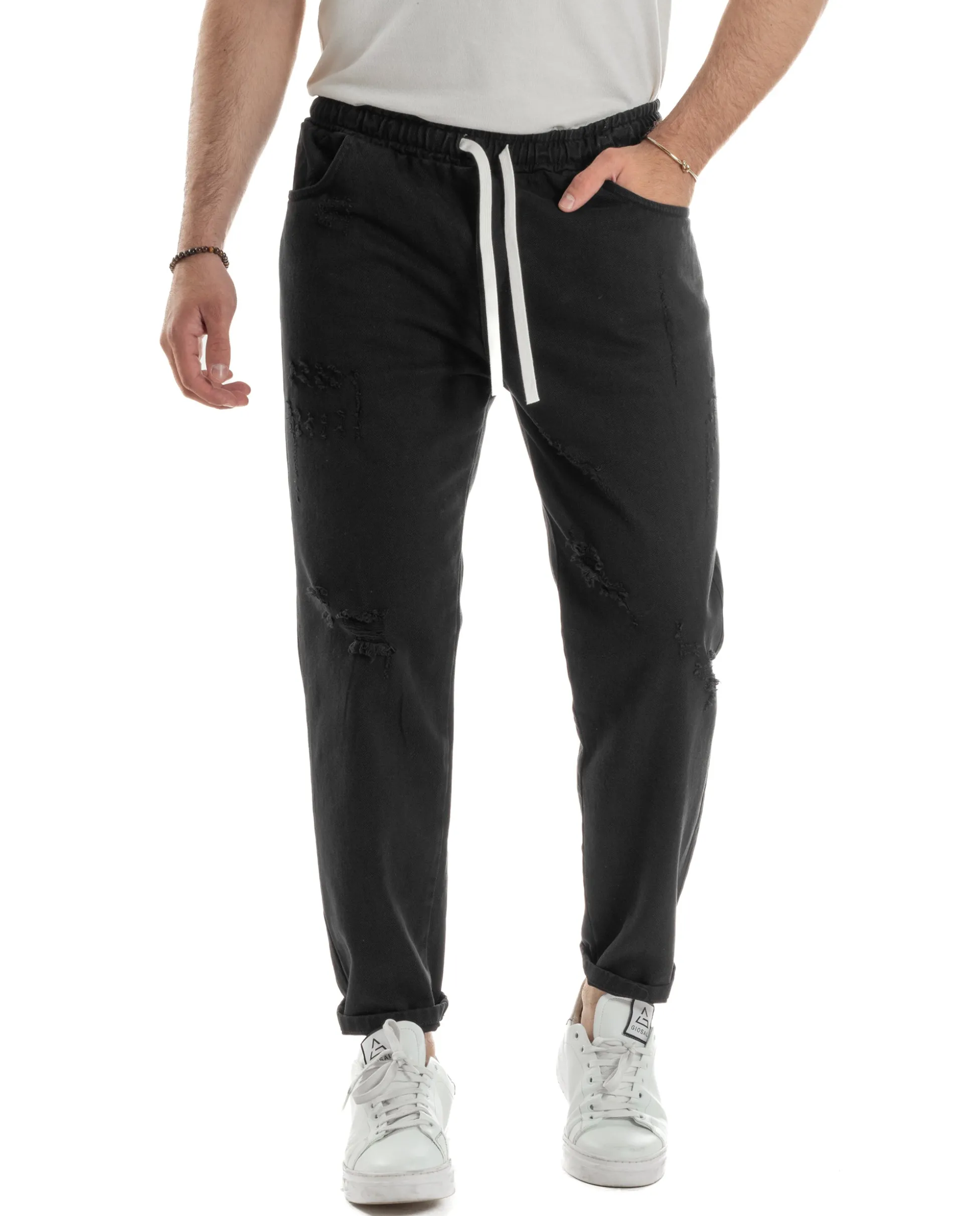 Jeans Jogger Cotone Loose Fit Rotture Nero JS1105A