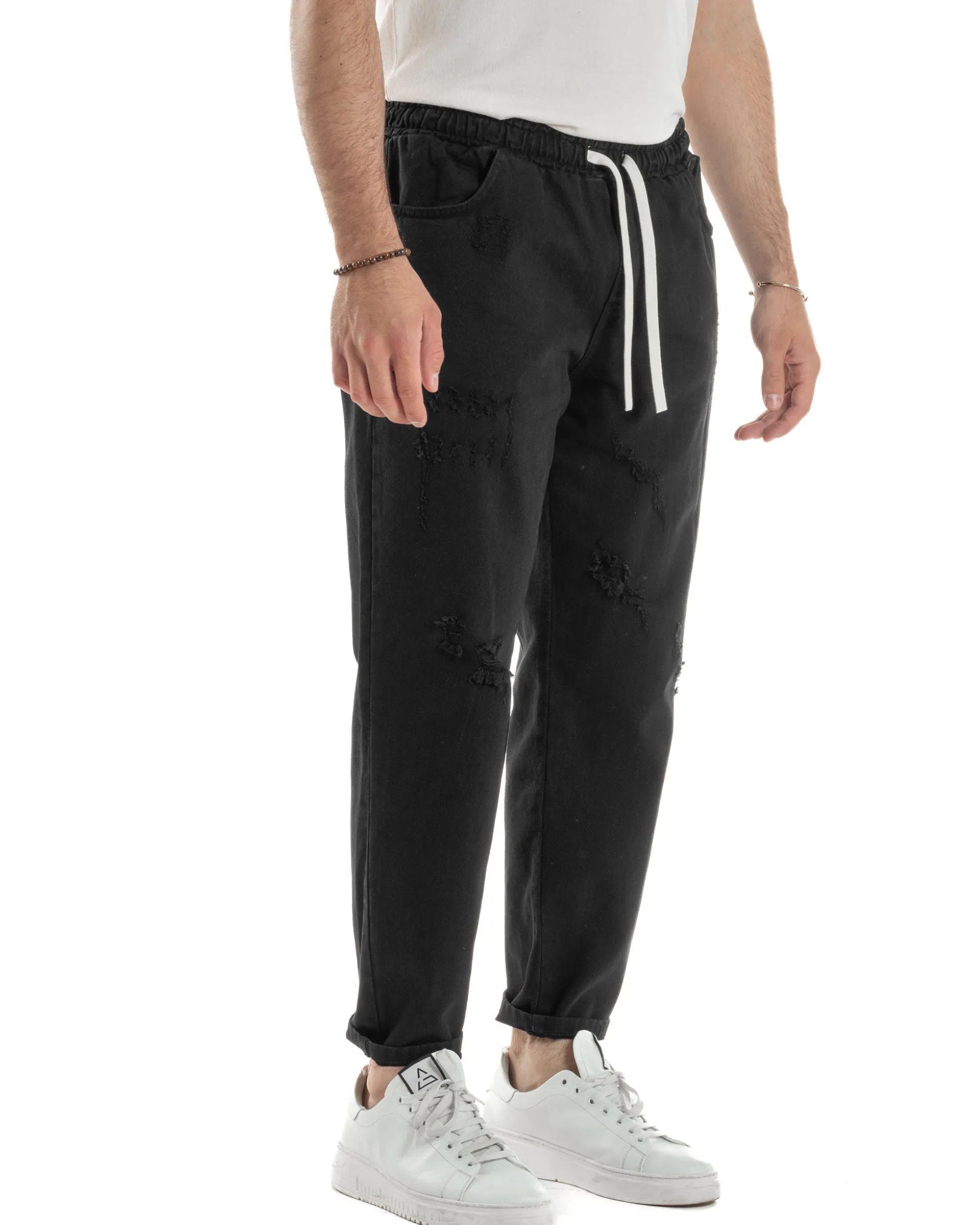 Jeans Jogger Cotone Loose Fit Rotture Nero JS1105A