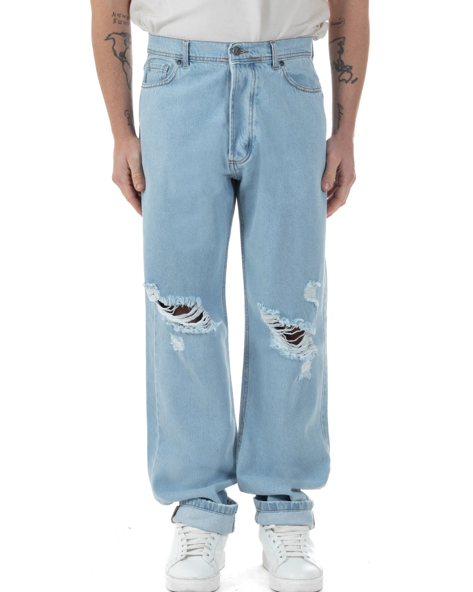 Jeans Uomo Baggy Pantaloni Con Rotture Abrasioni Fondo Largo Taglio Al Ginocchio Denim Chiaro GIOSAL-JS1093A