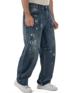 Jeans uomo baggy street scritte vernice denim sabbiato GIOSAL-JS1180A