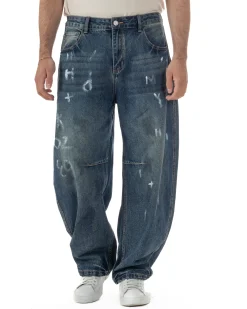 Jeans uomo baggy street scritte vernice denim sabbiato GIOSAL-JS1180A