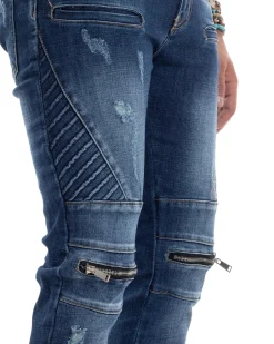 Jeans Uomo Biker Pantaloni Con Zip Stone Washed Classico Cinque Tasche Casual Blue Denim GIOSAL-JS1056A