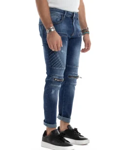 Jeans Uomo Biker Pantaloni Con Zip Stone Washed Classico Cinque Tasche Casual Blue Denim GIOSAL-JS1056A