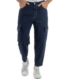 Jeans uomo cargo loose fit pantaloni tasconi sfrangiato lavaggio zero denim scuro BlackSunday JS1192A