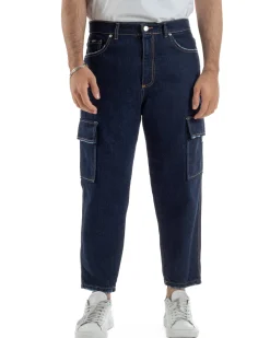 Jeans uomo cargo loose fit pantaloni tasconi sfrangiato lavaggio zero denim scuro BlackSunday JS1192A