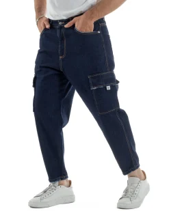 Jeans uomo cargo loose fit pantaloni tasconi sfrangiato lavaggio zero denim scuro BlackSunday JS1192A