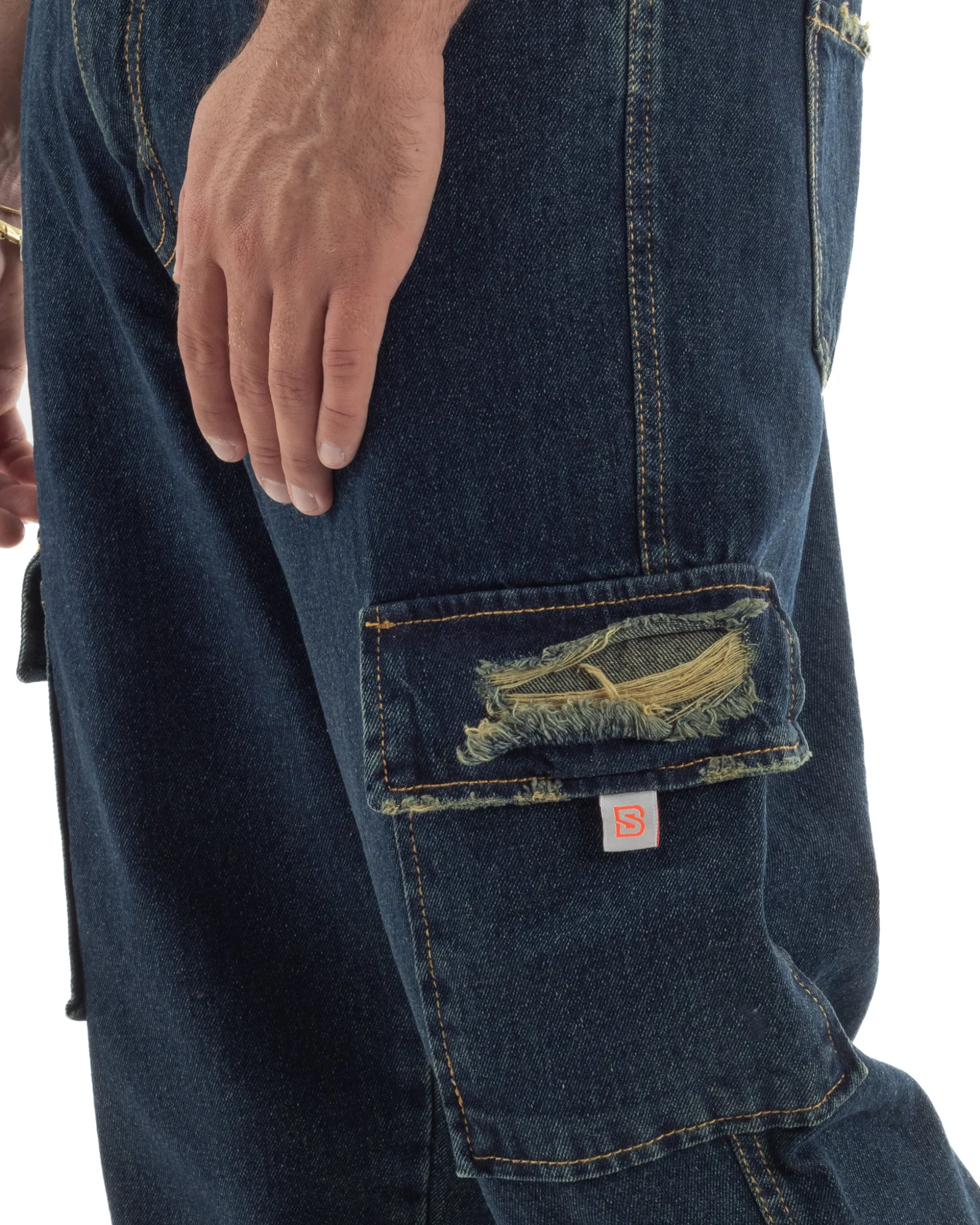 Jeans uomo cargo loose fit pantaloni tasconi rotture denim scuro sabbiato BlackSunday JS1191A
