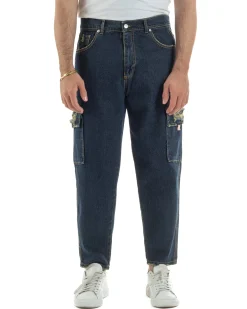 Jeans uomo cargo loose fit pantaloni tasconi rotture denim scuro sabbiato BlackSunday JS1191A