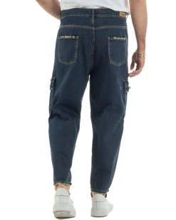 Jeans uomo cargo loose fit pantaloni tasconi rotture denim scuro sabbiato BlackSunday JS1191A