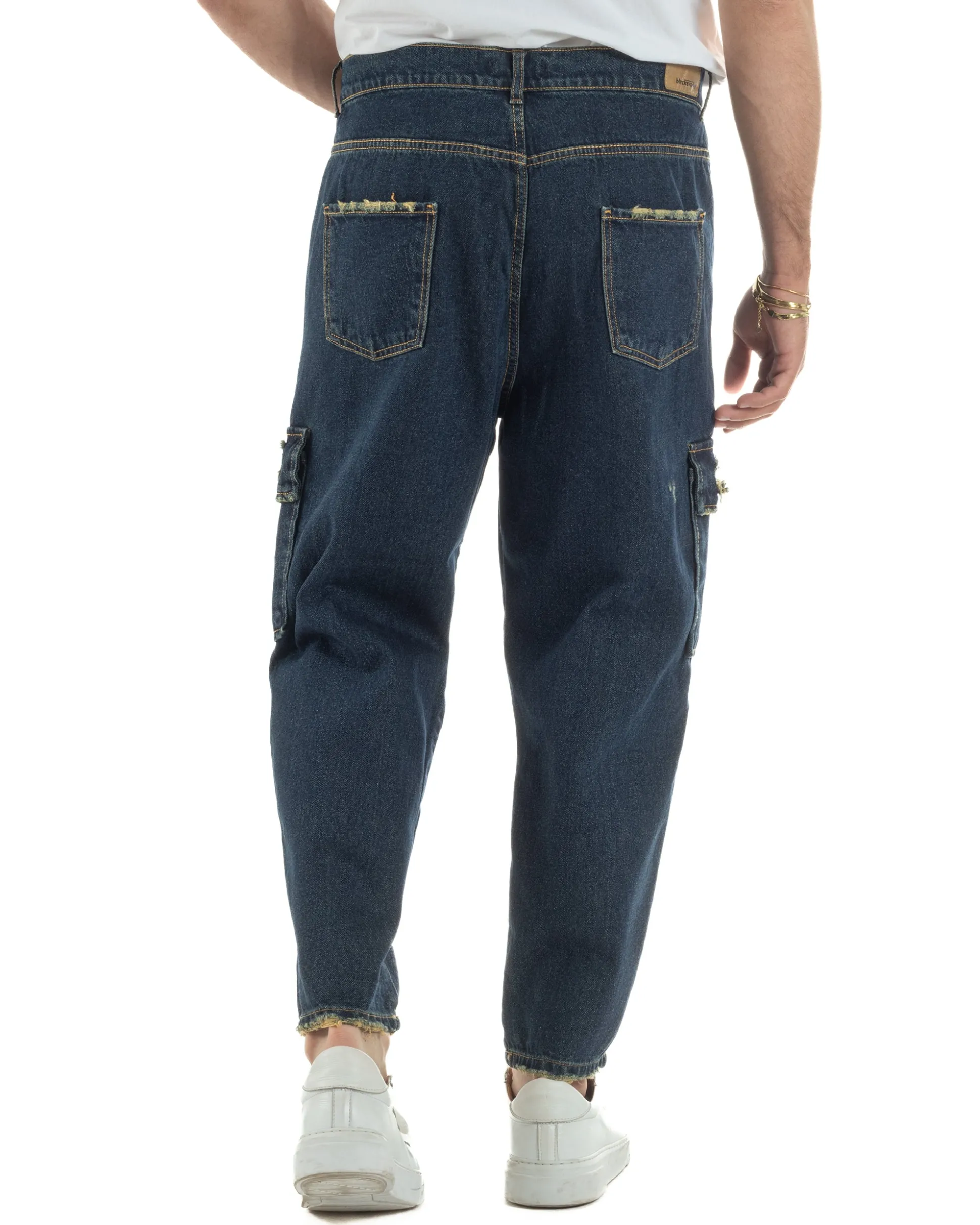Jeans uomo cargo loose fit pantaloni tasconi rotture denim scuro sabbiato BlackSunday JS1191A