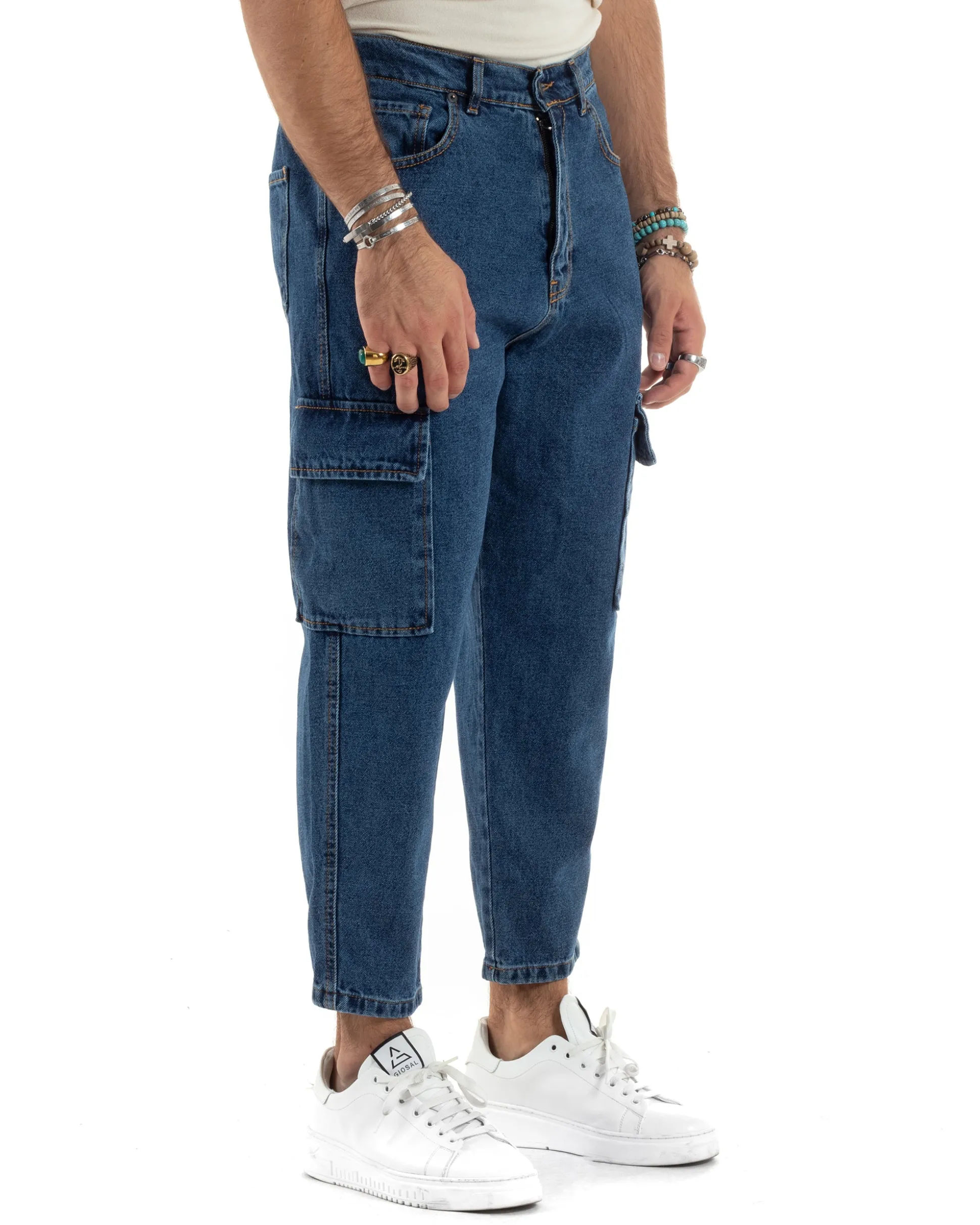 Jeans Uomo Cargo Loose Fit Pantaloni Tasconi Denim Medio BlackSunday-JS1048A