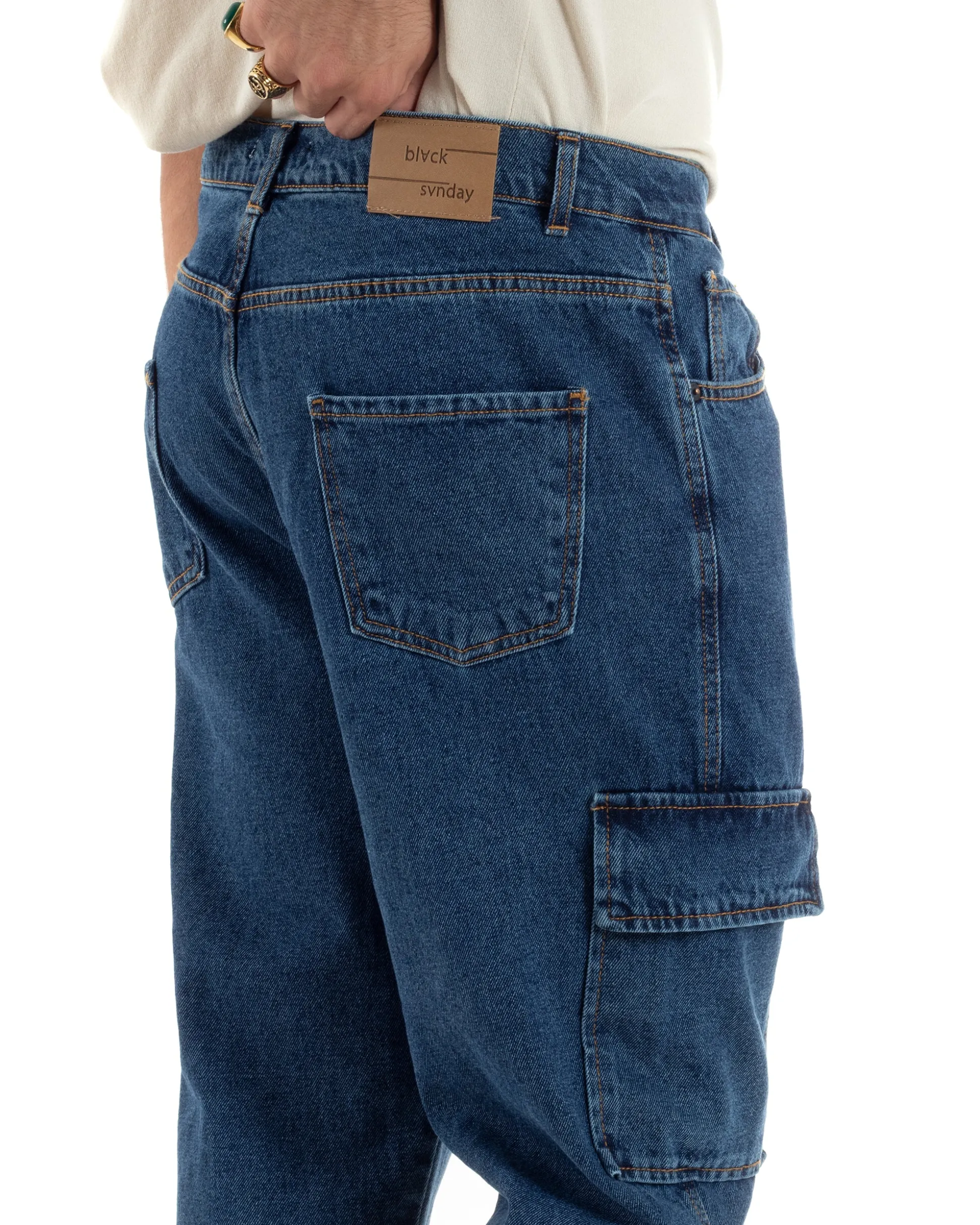 Jeans Uomo Cargo Loose Fit Pantaloni Tasconi Denim Medio BlackSunday-JS1048A