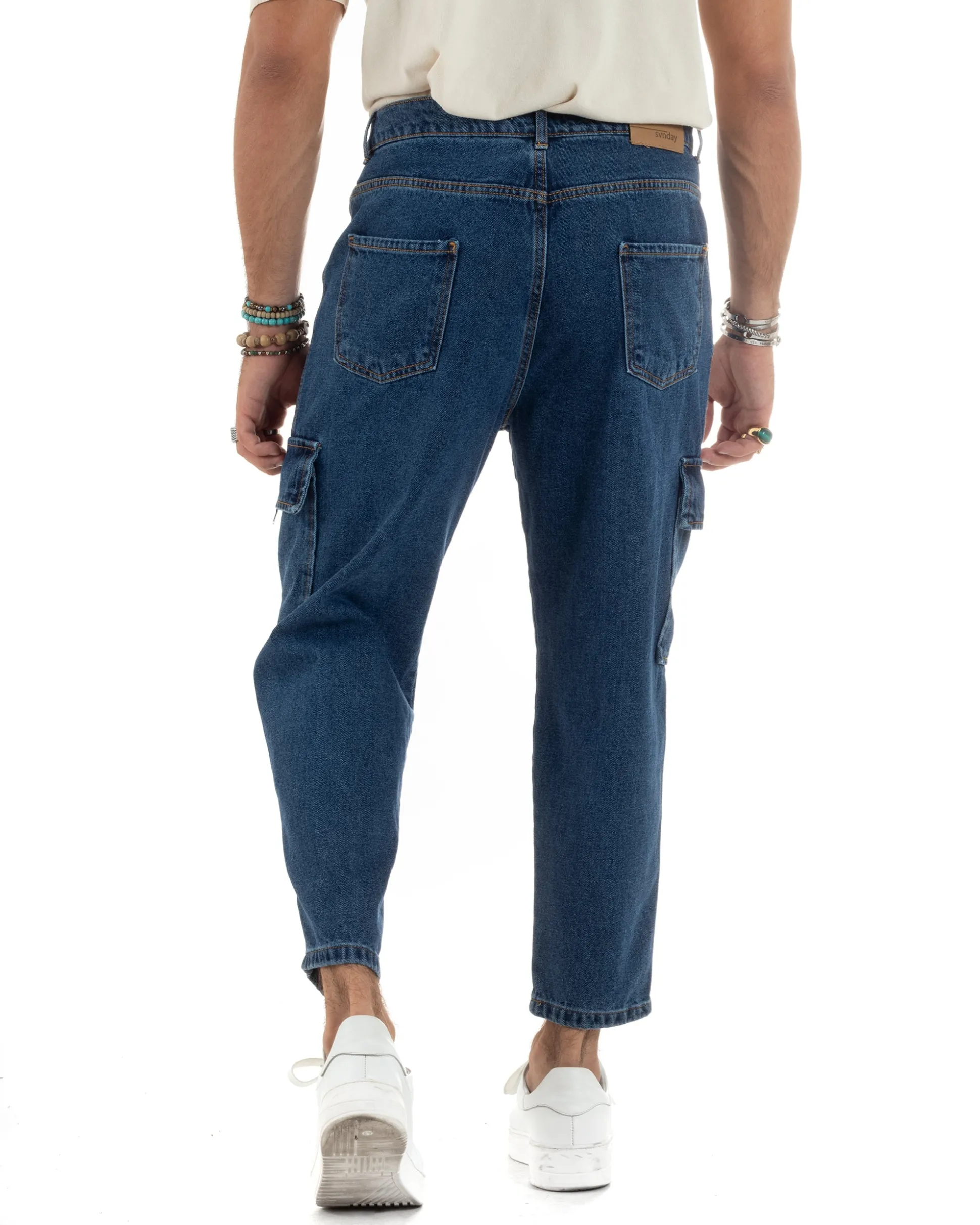 Jeans Uomo Cargo Loose Fit Pantaloni Tasconi Denim Medio BlackSunday-JS1048A