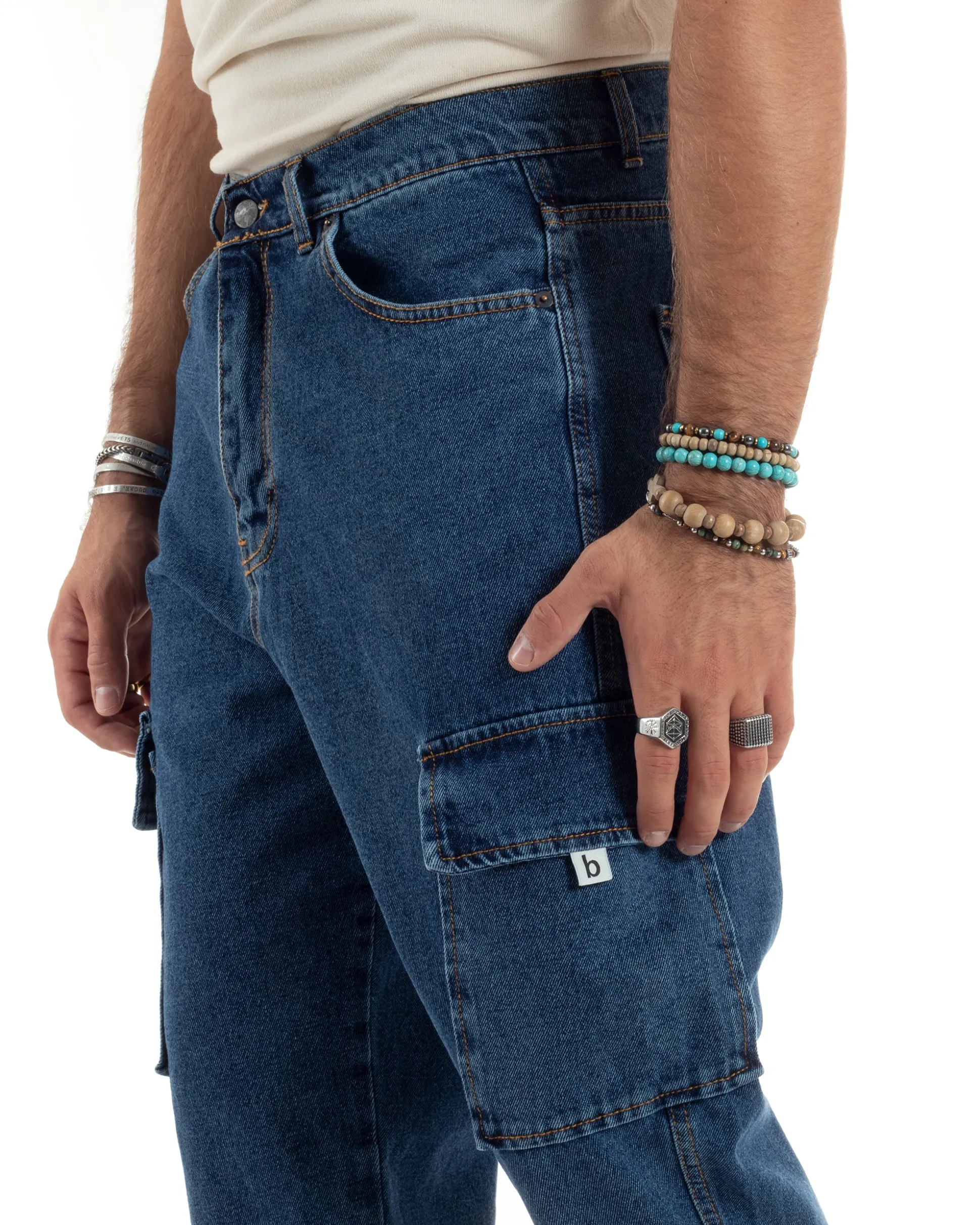 Jeans Uomo Cargo Loose Fit Pantaloni Tasconi Denim Medio BlackSunday-JS1048A
