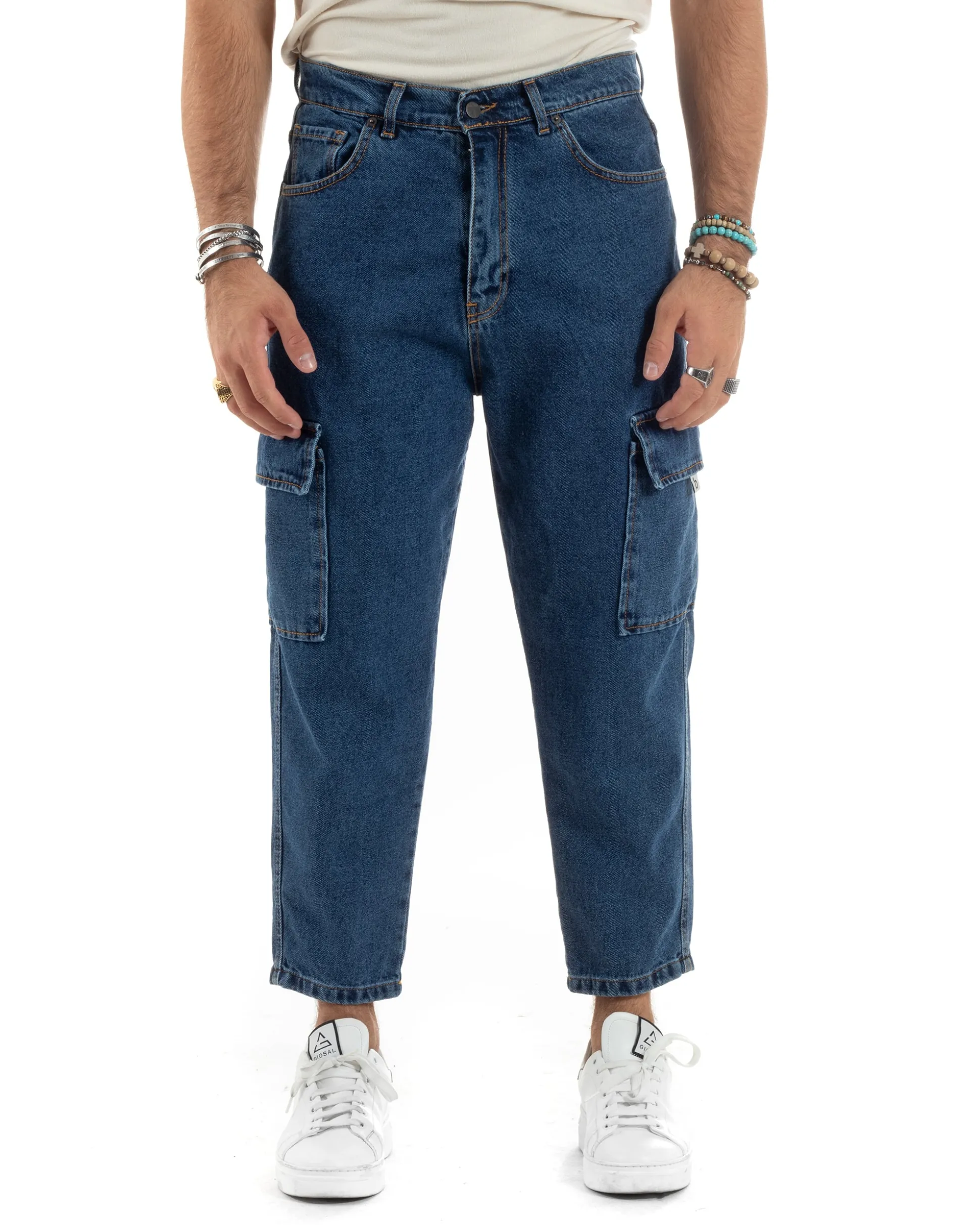 Jeans Uomo Cargo Loose Fit Pantaloni Tasconi Denim Medio BlackSunday-JS1048A