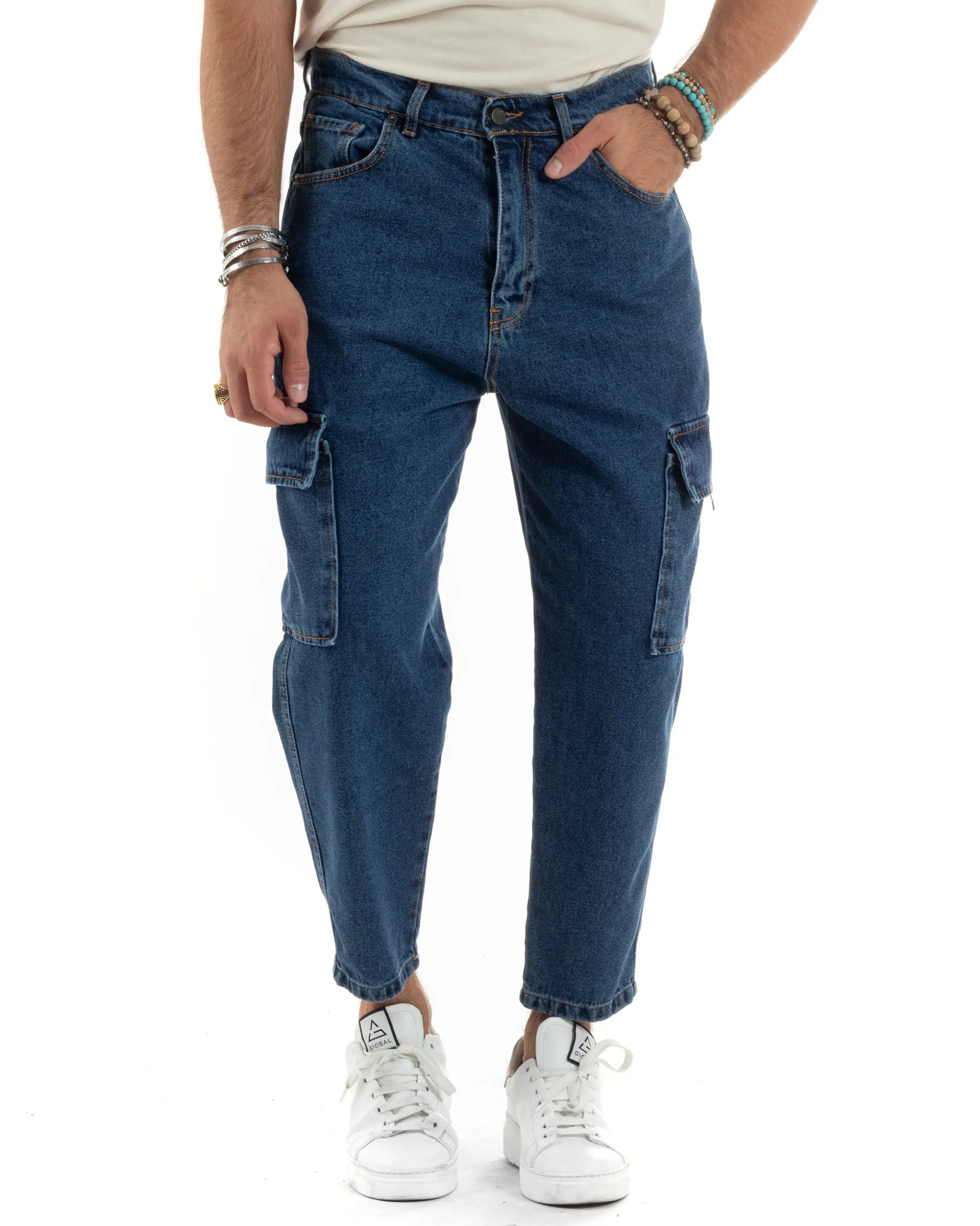 Jeans Uomo Cargo Loose Fit Pantaloni Tasconi Denim Medio BlackSunday-JS1048A
