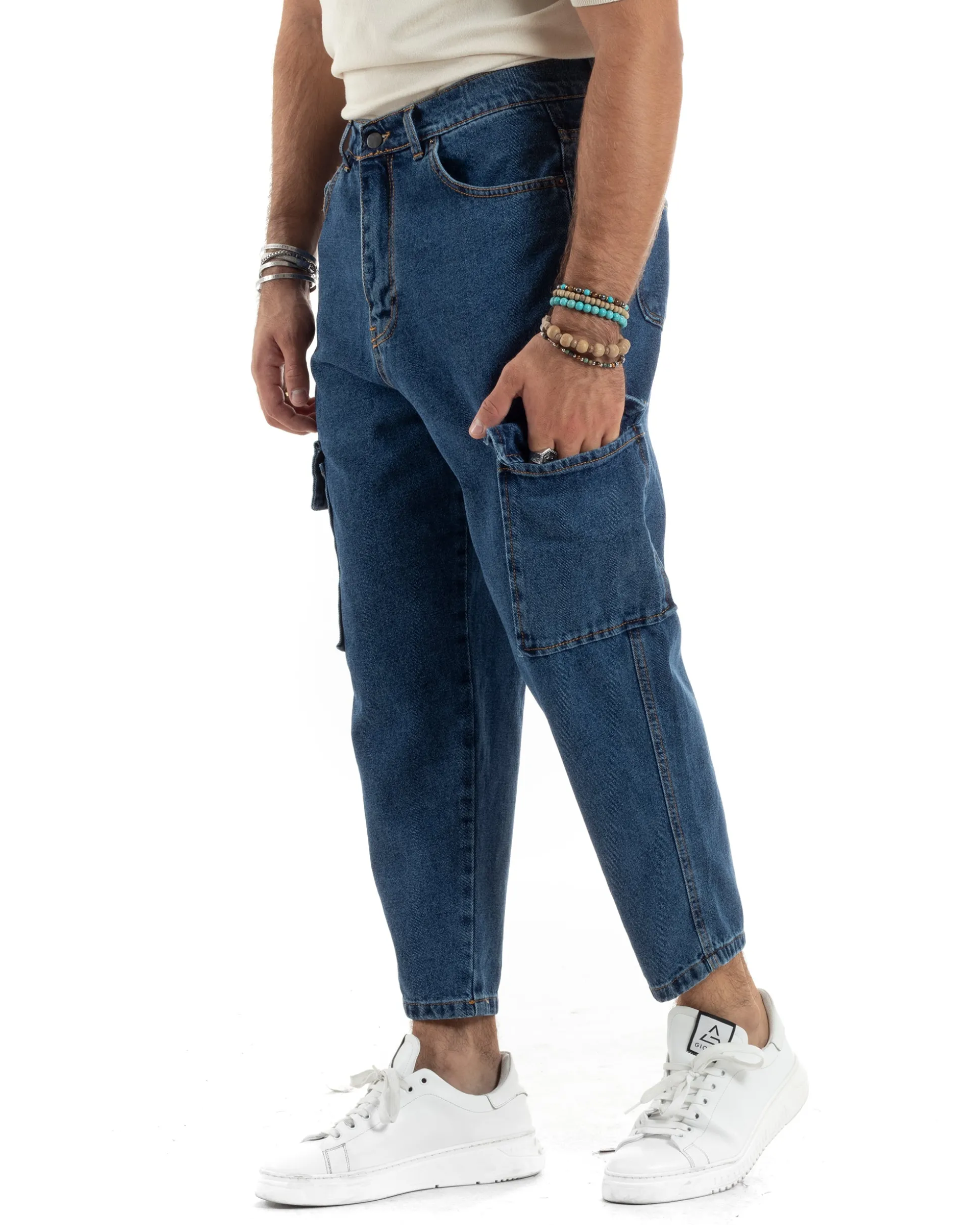 Jeans Uomo Cargo Loose Fit Pantaloni Tasconi Denim Medio BlackSunday-JS1048A