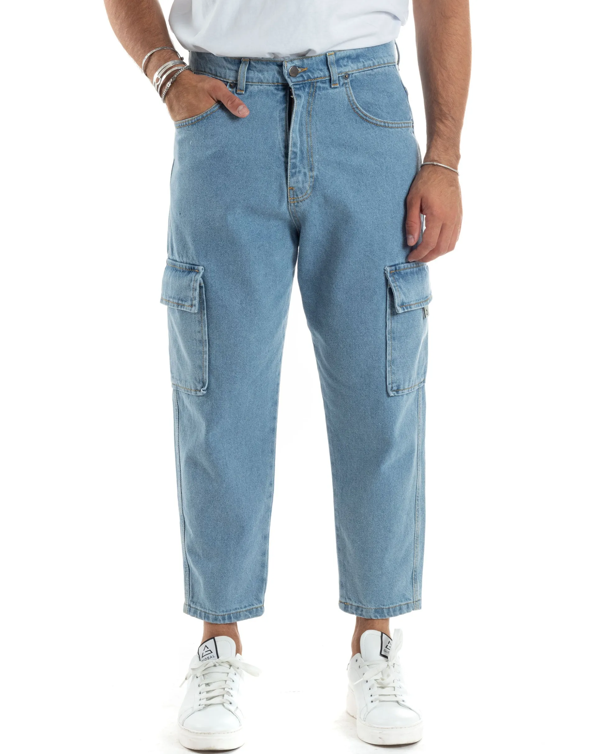 Jeans Uomo Cargo Straight Fit Pantaloni Tasconi Denim Chiaro BlackSunday-JS1041A