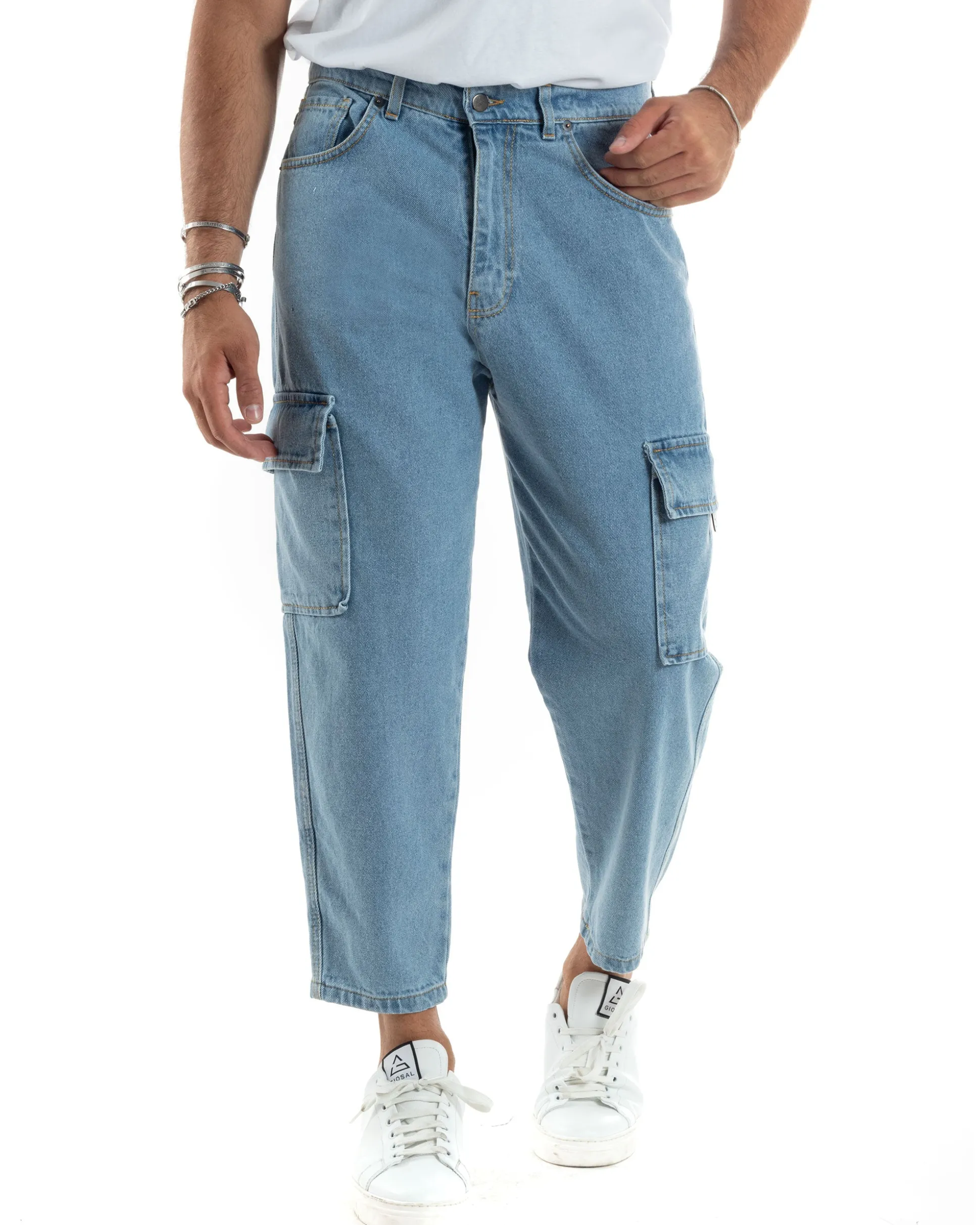 Jeans Uomo Cargo Straight Fit Pantaloni Tasconi Denim Chiaro BlackSunday-JS1041A
