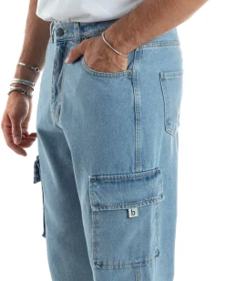 Jeans Uomo Cargo Straight Fit Pantaloni Tasconi Denim Chiaro BlackSunday-JS1041A