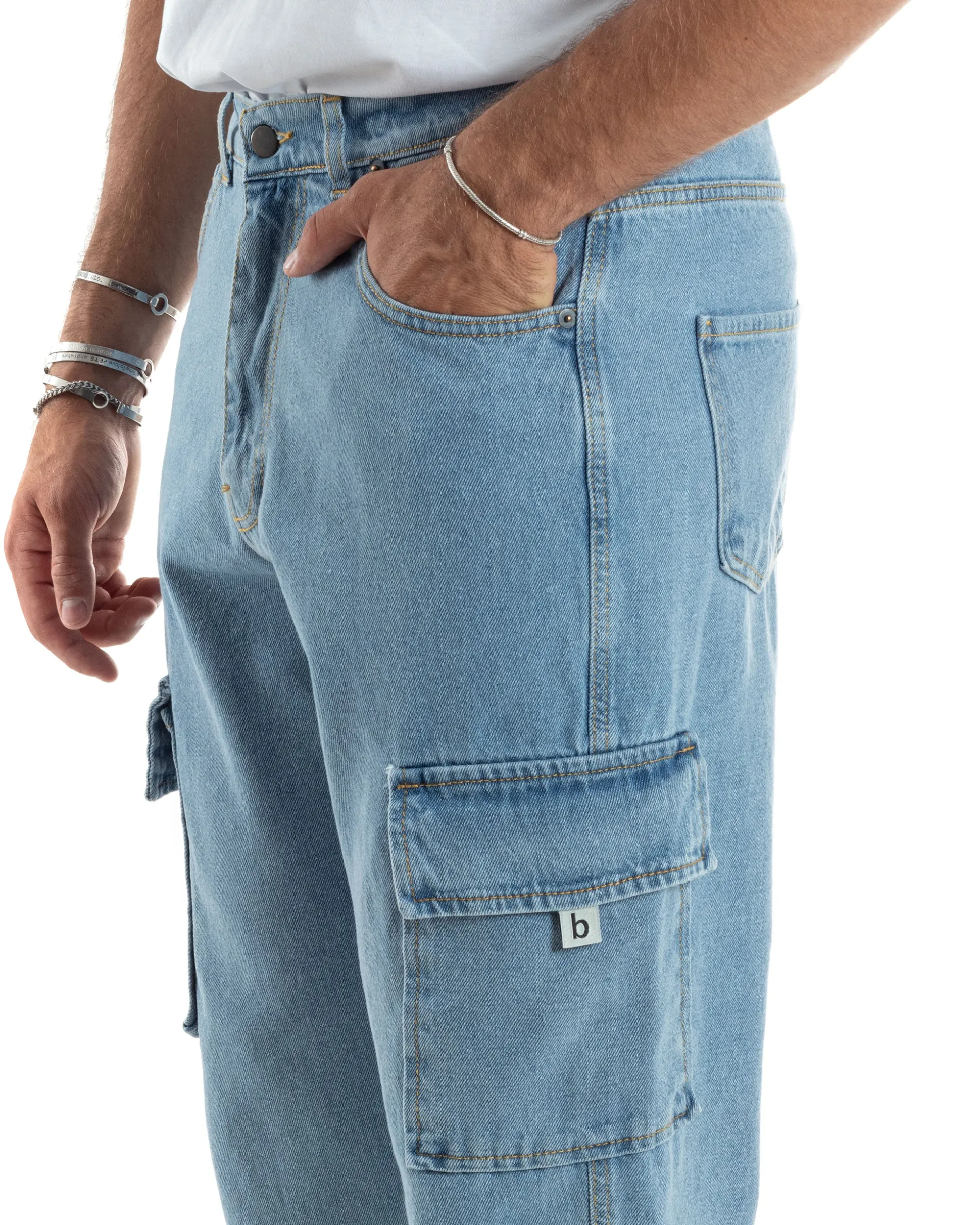Jeans Uomo Cargo Straight Fit Pantaloni Tasconi Denim Chiaro BlackSunday-JS1041A