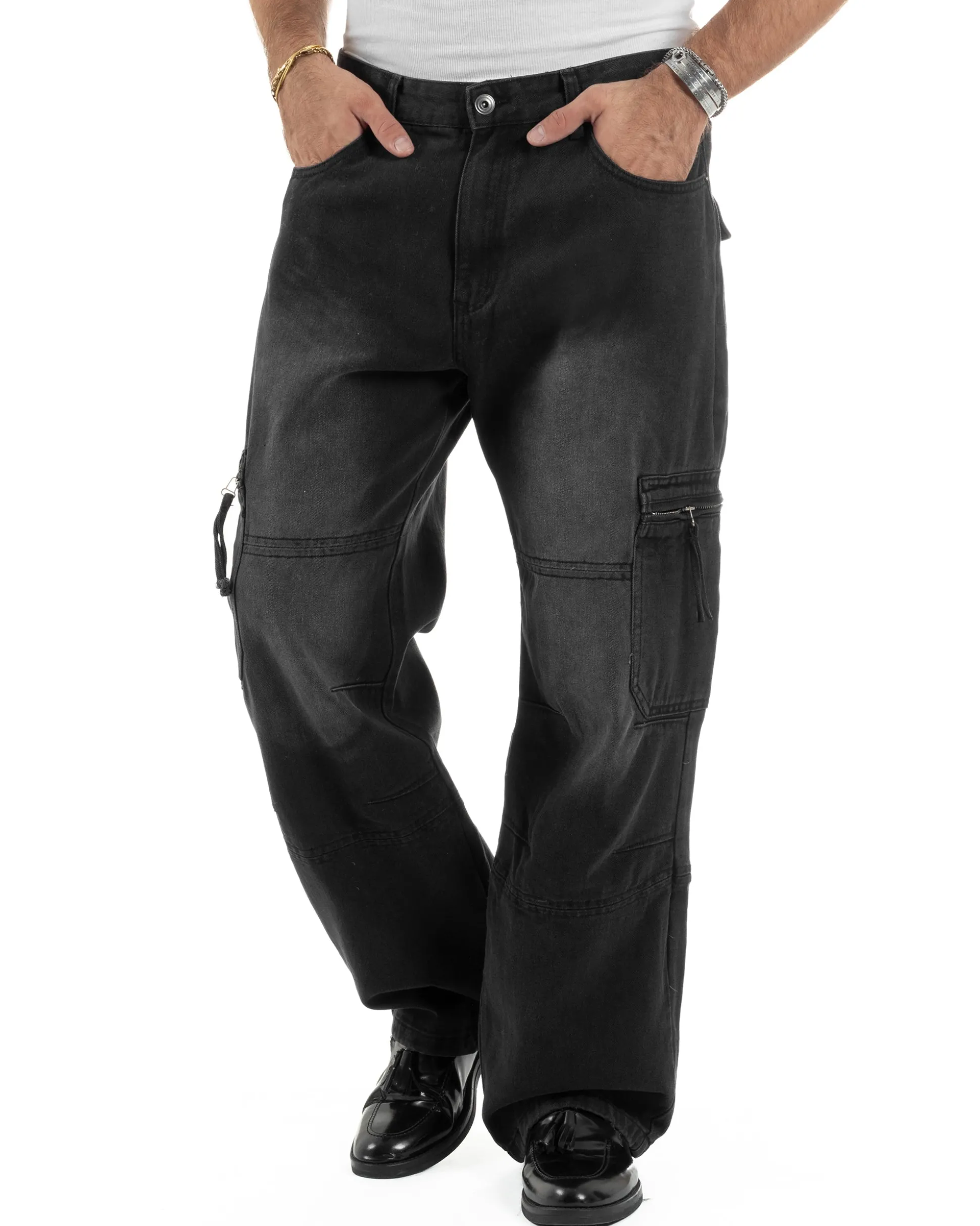 Jeans Uomo Carpenter Cargo Tasconi Baggy Nero JS1162A