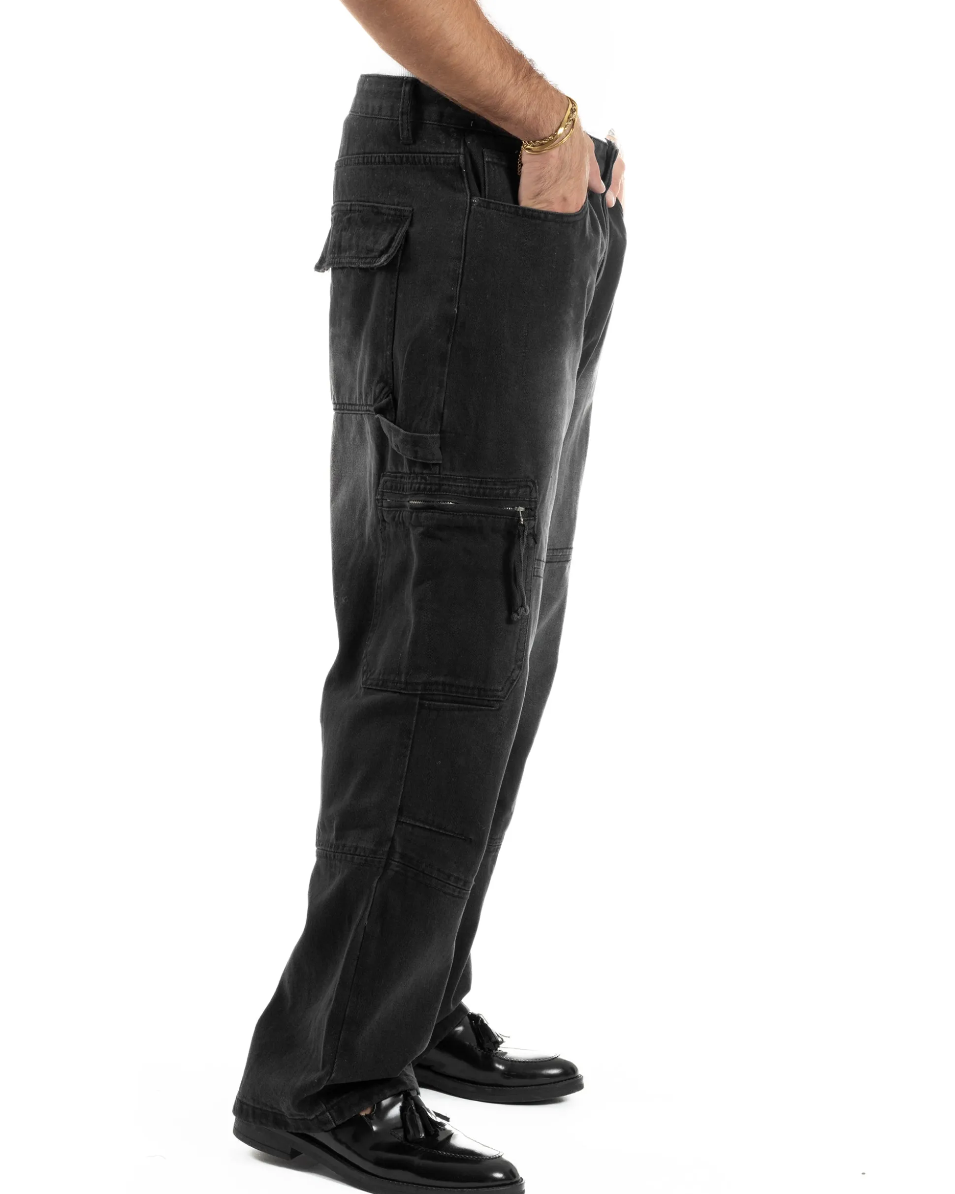 Jeans Uomo Carpenter Cargo Tasconi Baggy Nero JS1162A