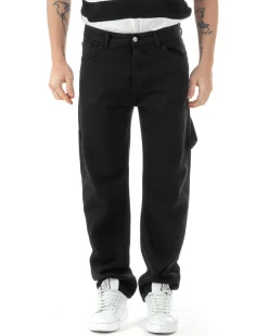 Jeans Uomo Carpenter Worker Pantaloni Baggy Cargo Comodo Fondo Largo Ampio Tinta Unita Nero GIOSAL-JS1089A