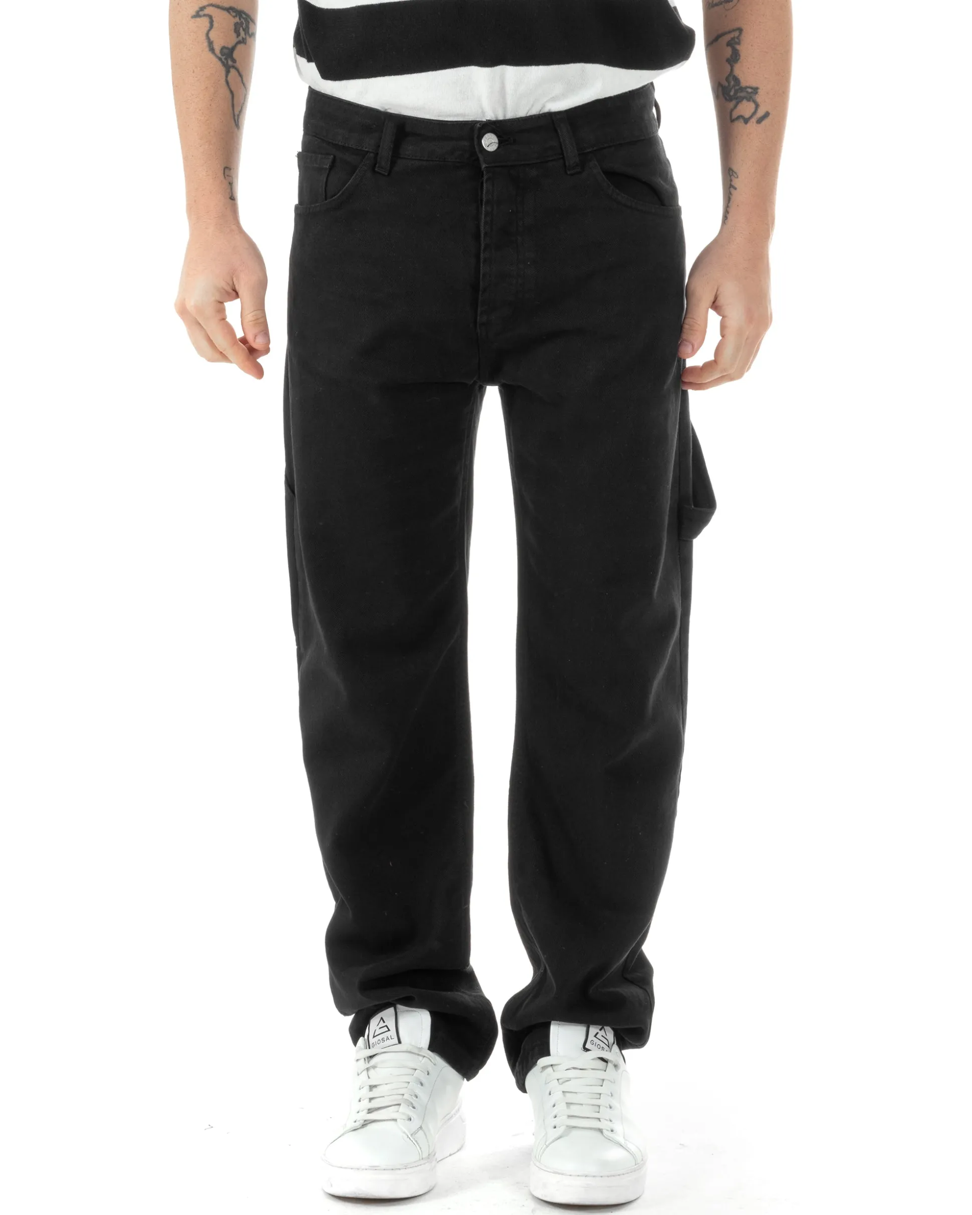 Jeans Uomo Carpenter Worker Pantaloni Baggy Cargo Comodo Fondo Largo Ampio Tinta Unita Nero GIOSAL-JS1089A