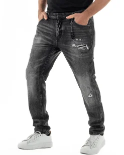 Jeans uomo cinque tasche slim fit sfumato rotture denim nero ICON IUD025