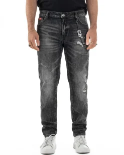 Jeans uomo cinque tasche slim fit sfumato rotture denim nero ICON IUD025