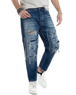 Jeans Uomo Cinque Tasche Stone Washed Con Rotture Comodo Regular Fit Casual Denim GIOSAL-JS1071A