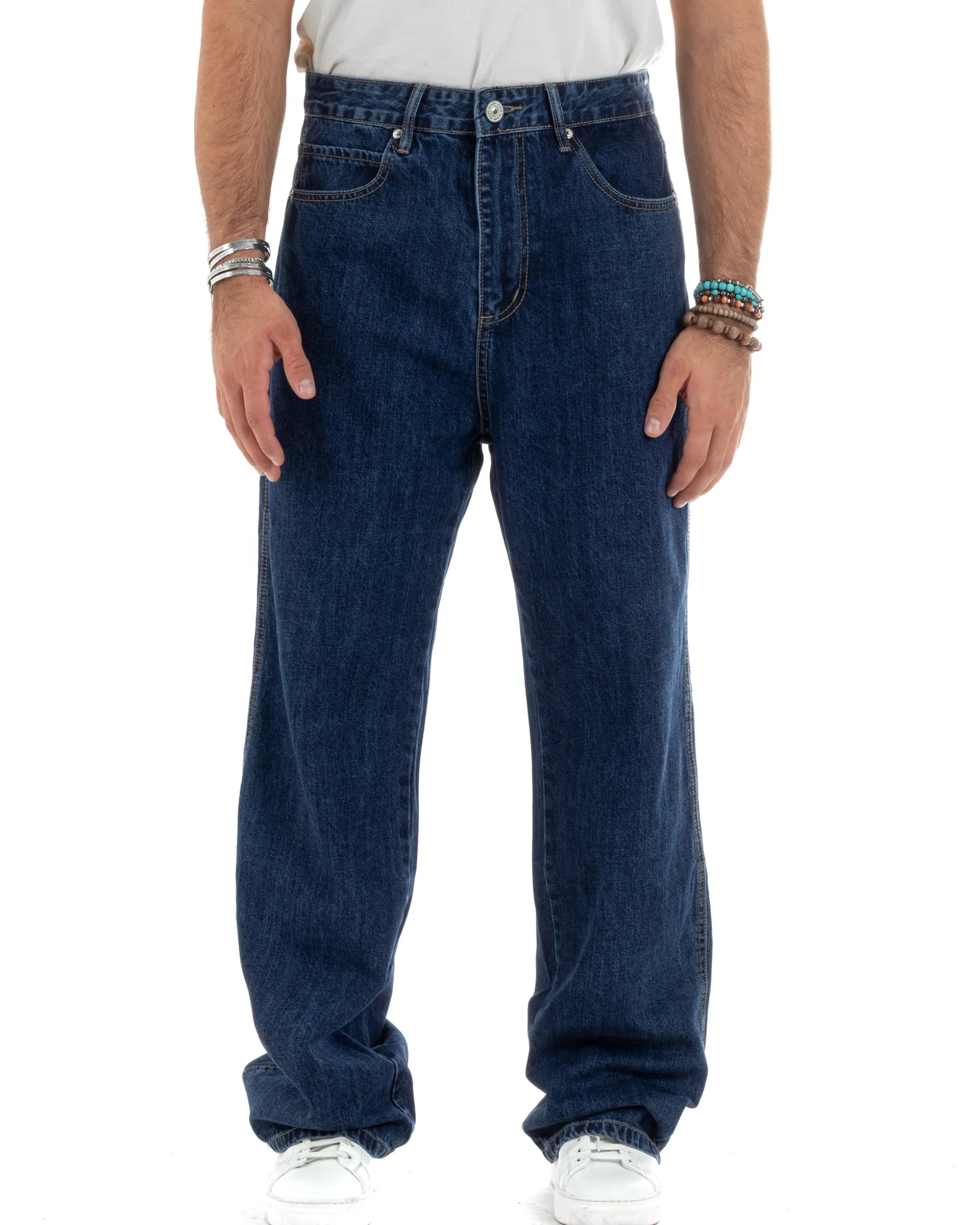 Jeans Uomo Classico Cinque Tasche Pantaloni Baggy Comodi Casual Cotone Tinta Unita Blue Denim GIOSAL-JS1055A